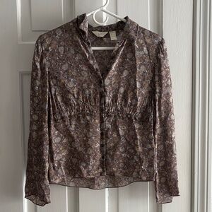 J. Jill Brown Sheer Floral Blouse XS Petite XSP